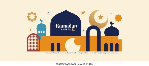 Ramadan Kareem minimal design with mosque, crescent moon, stars, and typography in a flat geometric style. Elegant, modern Ramadan Mubarak greeting card, poster, banner, cover art, and festive, vector