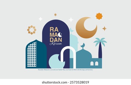 Ramadan Kareem minimal design with mosque, crescent moon, stars, and typography in a flat geometric style. Elegant, modern Ramadan Mubarak greeting card, poster, banner, cover art, and festive, vector