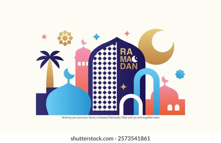 Ramadan Kareem minimal design with mosque, crescent moon, stars, and typography in a flat geometric style. Elegant, modern Ramadan Mubarak greeting card, poster, banner, cover art, and festive, vector