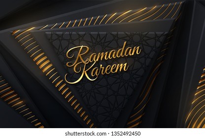 Ramadan Kareem. Modern cover design. Vector islamic illustration. Holiday banner design. Muslim holy month Ramadan cover design. Black banner with geometric shapes and traditional girih pattern