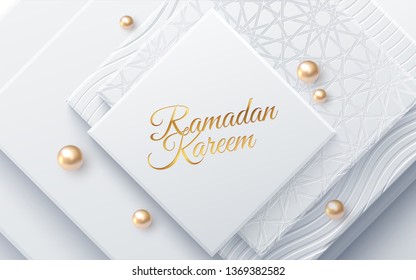 Ramadan Kareem. Modern cover design. Vector illustration. Islamic holiday. Muslim month Ramadan poster template. White banner with geometric square shapes, golden beads and traditional girih pattern