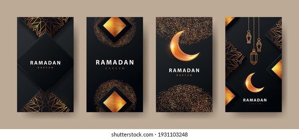 Ramadan Kareem modern design with geometric arabic gold pattern, sand, lanterns and bright crescent on black background.Template set of covers, gift cards, labeles, web banners, social media stories