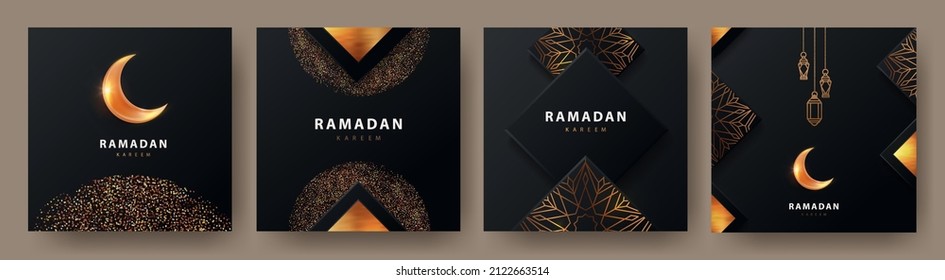 Ramadan Kareem diseño moderno con un patrón geométrico de oro árabe, arena, farolillos y una media luna brillante sobre fondo negro.Conjunto de plantillas de cubiertas, tarjetas de felicitación, etiquetas, web o banners de medios sociales