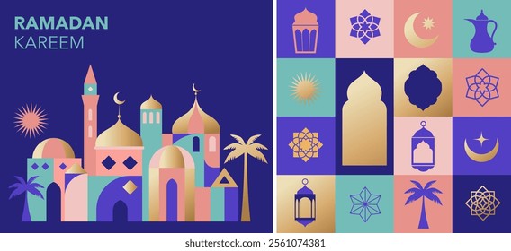 Ramadan Kareem. Modern geometric Islamic greeting card template and wallpaper design. Poster and social media banner vector illustration