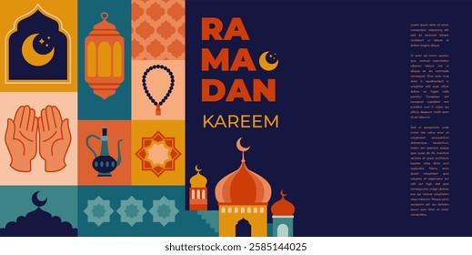 Ramadan Kareem. Modern geometric Islamic greeting card template and wallpaper design. Poster and social media banner vector illustration