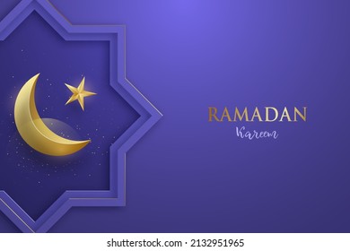 Ramadan Kareem modern greeting banner with gold 3d crescent, star, confetti and text. Modern Arabic background in very peri color.