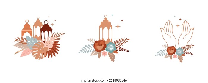 Ramadan Kareem modern islamic design. Crescent moon, lanterns with flowers and praying hands, boho illustrations, arrangements 