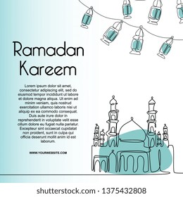 Ramadan kareem modern line art drawing continuous one line minimalist design template for muslim celebration.