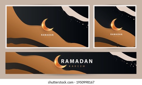 Ramadan Kareem Modern Luxury Design Set In Modern Art Style. Abstract Art Hand Drawn  Background With Golden Sand Dunes And Shining Moon Against The Night Sky. Poster, Cover, Card, Header For Website