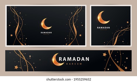 Ramadan Kareem modern luxury design Set in modern art style. Abstract background with golden starfall and shining moon against the night sky. Templates for greeting card, poster, cover, website header