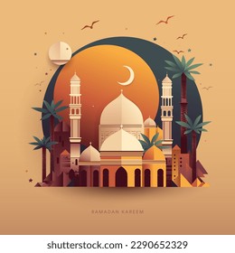 Ramadan Kareem Modernes Design mit Moschee-Kuppel, Palmen und Mond, Flachdesign, Vektorgrafik