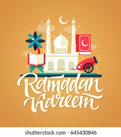 Ramadan Kareem - modern vector flat design postcard template with icons of islamic holiday, culture, traditional greeting, hand written lettering. Cannon, mosque, lamp, sacred book, palm tree