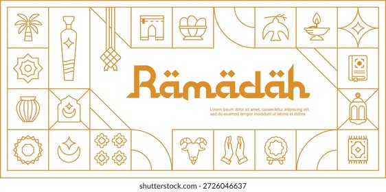 Ilustración de patrón monoline de Ramadán Kareem con varios iconos islámicos minimalistas dentro de la caja