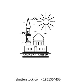 Ramadan Kareem Monoline Stil Vektordesign. Die Umrisse der Moschee und der Säule ist einzeln auf weißem Hintergrund.