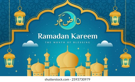 Ramadan Kareem, The month of blessing Vector Design. Ramadan night with gold mosque. Arabic translation: '' Ramadan''