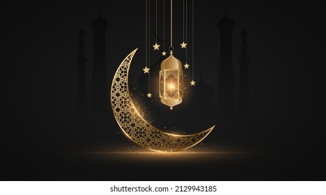 Ramadan Kareem month with glowing lantern on the background of the old city with mosque. Abstract golden moon with islamic ornament. Eid Mubarak. Holy month for fasting Muslims. Vector