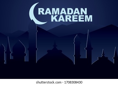 Ramadan Kareem. Moon and arabic mosque at night and Ramadan Kareem text, modern minimalistic vector in flat style. Islam festival, holy event. Islamic blue
wallpaper