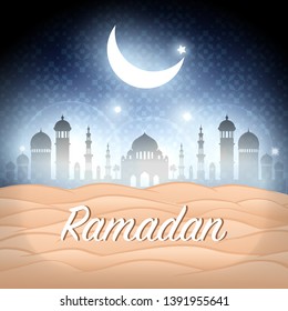Ramadan Kareem Moon Background in the Night with Desert Sand, East City at Holy Month. Vector Illustration