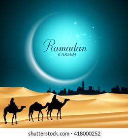 Ramadan Kareem Moon Background in the Night with Camels Riding in the Desert Sand Going to the Middle East City for the Holy Month. Vector Illustration
