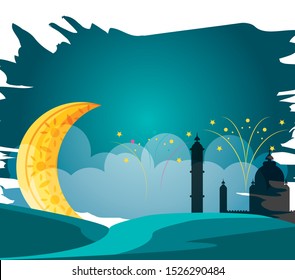 ramadan kareem moon crescent with mosque vector illustration design