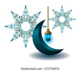 
ramadan kareem with moon decorations, lanterns and ornaments. Vector illustration