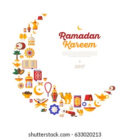 Ramadan Kareem Moon With Flat Arabic Icons Isolated On White Background. Vector Illustration. Quran Book, Traditional Lanterns, Crescent With Star, Mosque And Rosary, Iftar Food