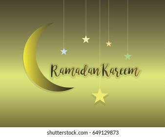 Ramadan Kareem with moon and hanging stars greeting card illustration.