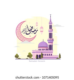 Ramadan kareem with moon, mosque and lantern background design