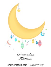 Ramadan Kareem with moon and star. Ramadan night traditional colorful lantern of Ramadan greeting card