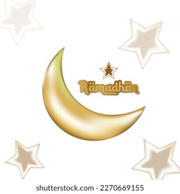 ramadan kareem with moon, stars, gold elements 3d typography. for poster design needs, business.