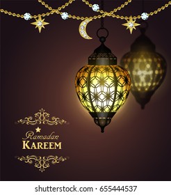Ramadan Kareem moroccan hanging arabic lanterns greeting card vector