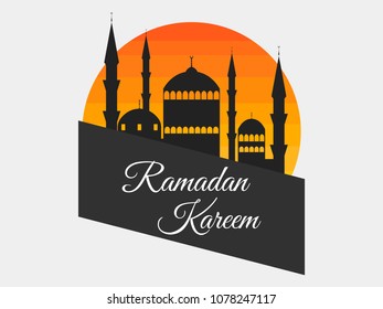 Ramadan Kareem. Mosque in the background of the sun. Festive greeting card, banner. Muslim holiday lights. Vector illustration