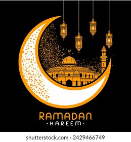 mezquita de ramadán kareem con luna grande y linterna tarjeta de felicitación elegancia ilustración vectorial