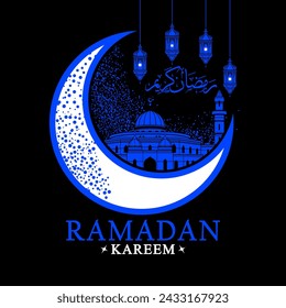 mezquita de ramadán kareem con luna grande y estrella azul brillante para publicación en medios sociales