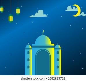 Ramadan kareem mosque and blue lantern decorations