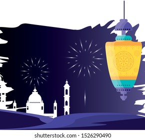 ramadan kareem mosque building with lantern hanging vector illustration design