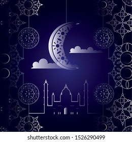 ramadan kareem mosque building with moon and mandala vector illustration design