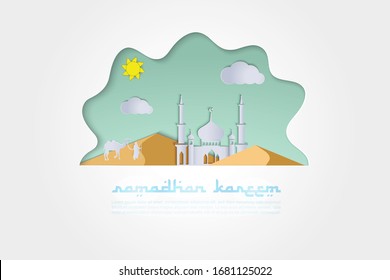 Ramadan Kareem. A Mosque, camel, desert and sun on clear sky. Greeting card design, an invitation for Muslim's holy month,