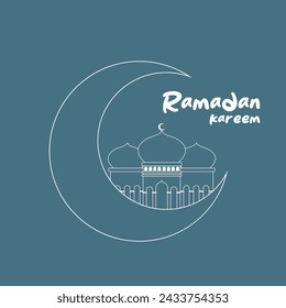 Ramadan Kareem with mosque and crescent moon line art design