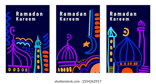 Ramadan Kareem, mosque, crescent moon, stars, lanterns, Islamic festival theme.