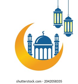 Ramadan Kareem Mosque in Cresent Moon with Hanging Lantern Creative Typography background