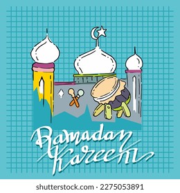 Ramadan Kareem with mosque, doodle vector