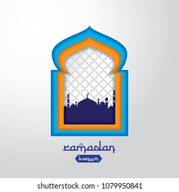 Ramadan Kareem Mosque Door or Window in paper cut and flat style design for greeting. islamic background or card. vector illustration