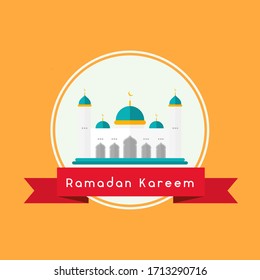 Ramadán Kareem. Estilo plano de mezquita sobre fondo de color. Mes de Ramadán. Ilustración del vector islámico Eid mubarak
