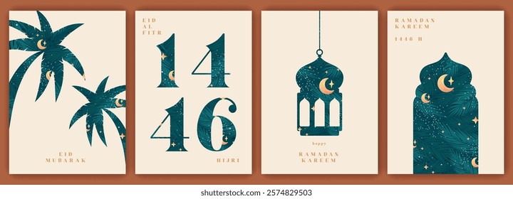 Ramadan Kareem Mosque Gate Backgrounds. Lantern, Moon and star, Palm tree, Modern Islamic greeting card template, poster, banner design. Vector illustration.