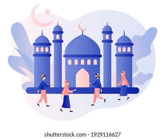 Ramadan Kareem. Mezquita y Mes Santo. Pequeñas personas se saludan entre ellas durante las festividades de Eid Mubarak. Fiesta Musulmana. Estilo moderno de dibujos animados planos. Ilustración del vector sobre fondo blanco