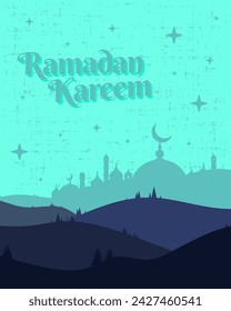 Ramadan kareem with mosque illustration and hill landscape in cyan color. Vector backgrounds. Suitable for cover art, jersey, card, poster and banner template.