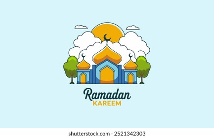 Ramadan Kareem mosque illustration with sunset background