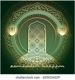 Ramadan Kareem Mosque Islamic Arabesque Pattern Green Greeting Card Banner Background