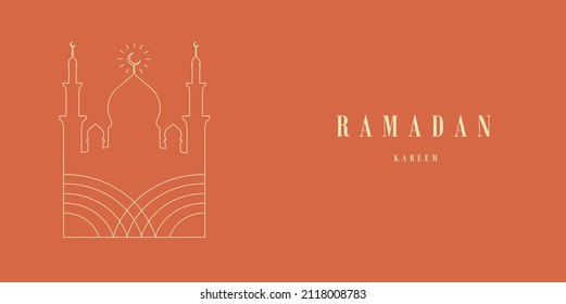 Ramadan Kareem. Mosque. Islamic greeting card template with ramadan for wallpaper design. Poster, media banner. Minimalistic linear vector illustration.